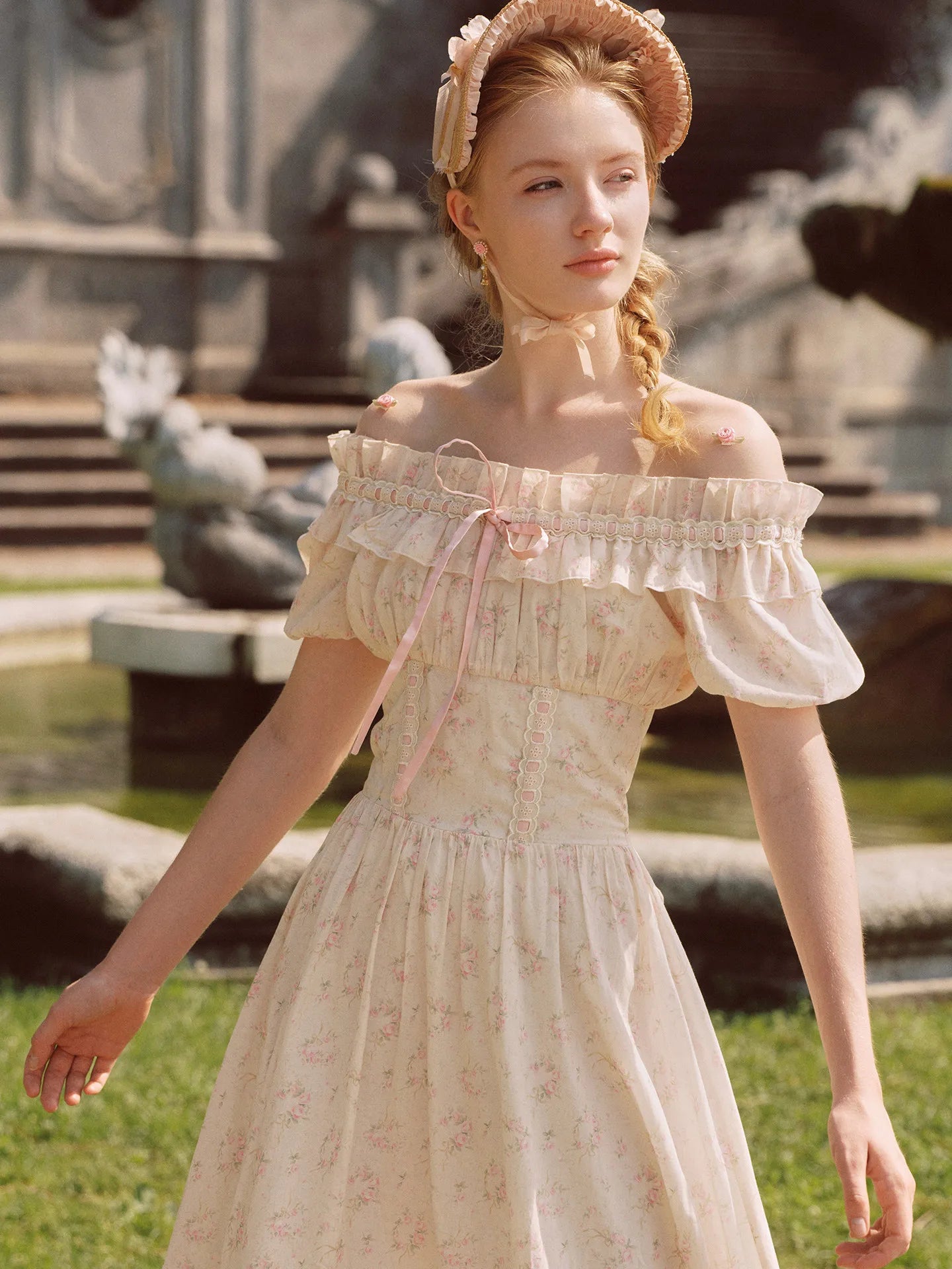 The Parisian Cotton Summer Garden Gown | Vintage Empire Waist Cotton Maxi | Slash Neck Puff Sleeve Ruffle Dress