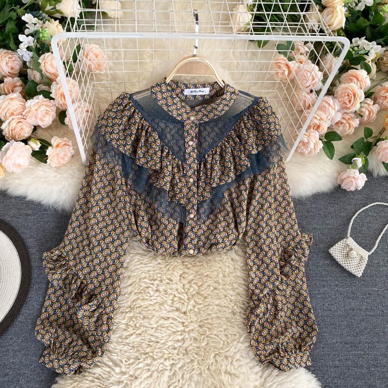 The Petite Palais Gauze Mesh Top | French Stand-Up Collar Puff Sleeve Blouse | Lotus Leaf Stitching Slim Fit Top | Parisian Princess