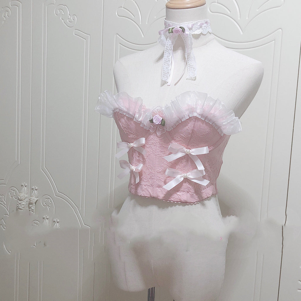 The French Lace Coquette Corset | Pink Bow Mesh Bustier | Sweetheart Ruffle Doll Top & Choker Set | Parisian Princess