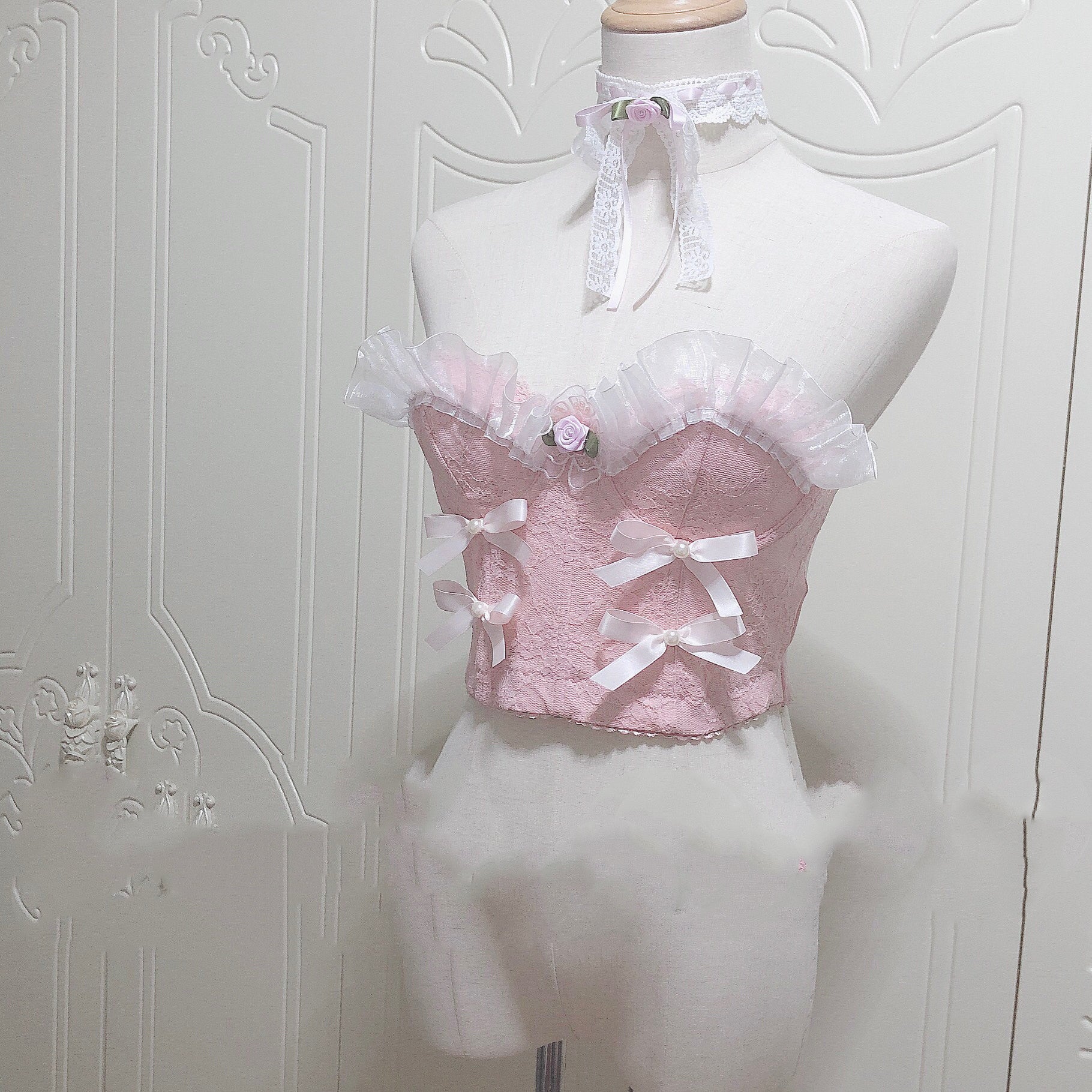 The French Lace Coquette Corset | Pink Bow Mesh Bustier | Sweetheart Ruffle Doll Top & Choker Set | Parisian Princess