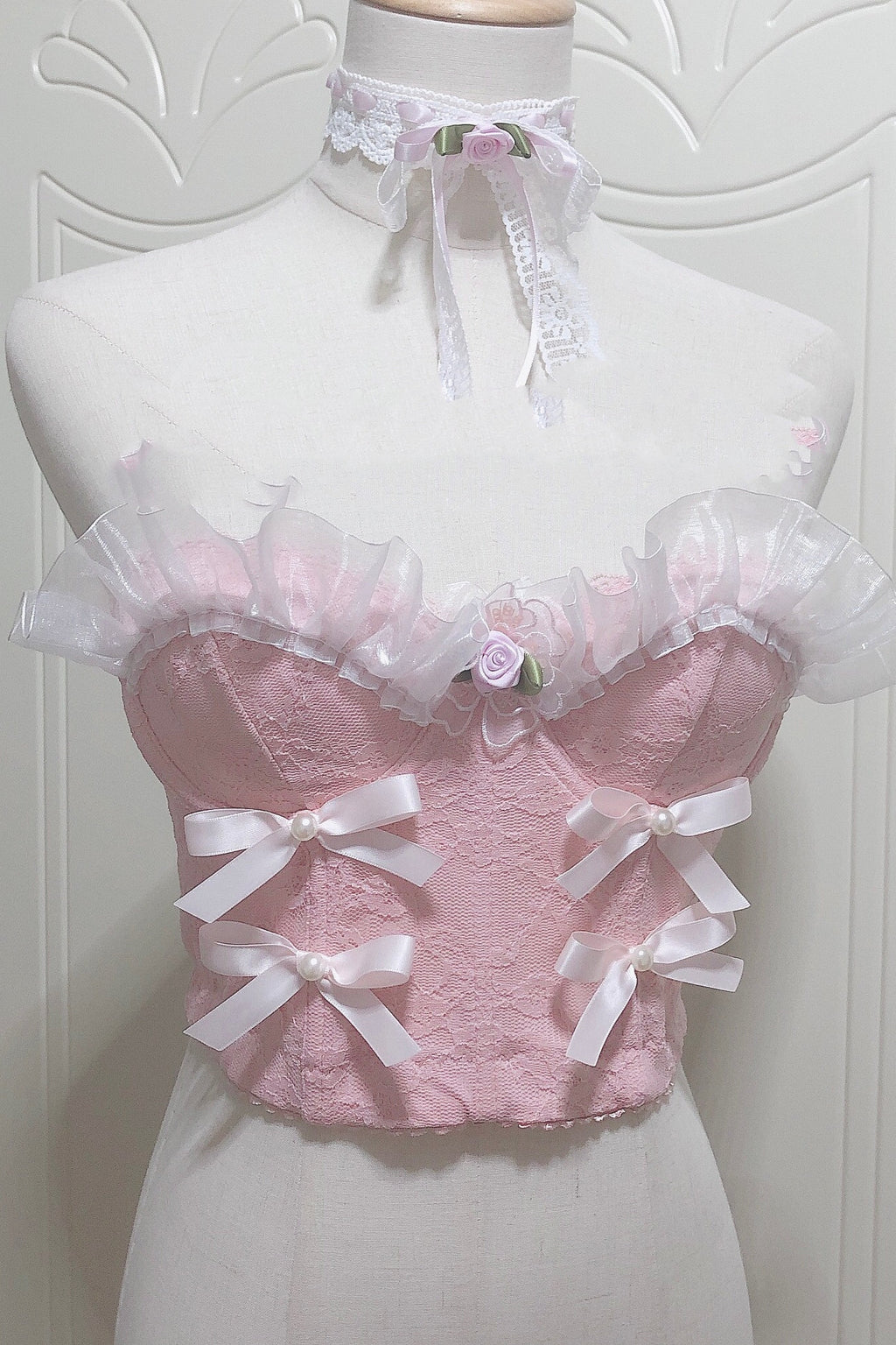 The French Lace Coquette Corset | Pink Bow Mesh Bustier | Sweetheart Ruffle Doll Top & Choker Set | Parisian Princess