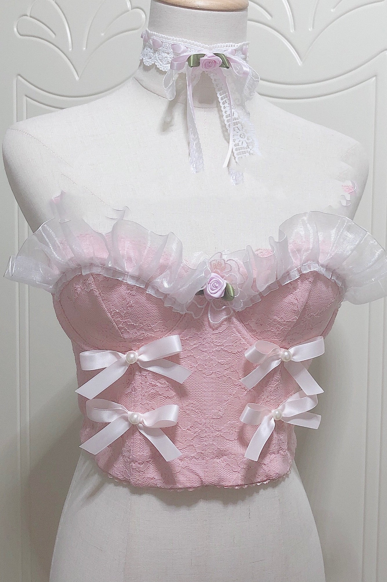 The French Lace Coquette Corset | Pink Bow Mesh Bustier | Sweetheart Ruffle Doll Top & Choker Set | Parisian Princess