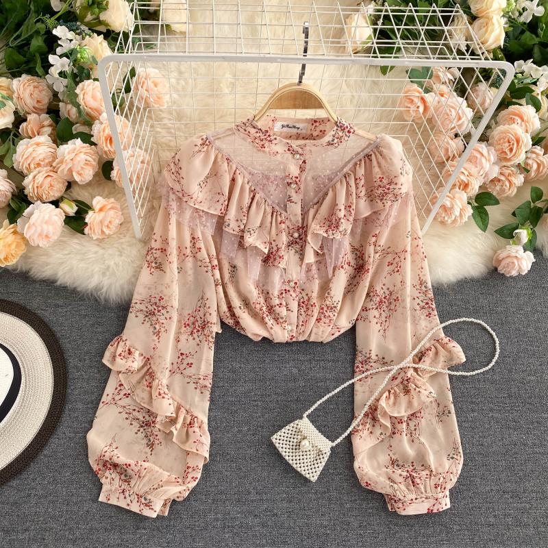 The Petite Palais Gauze Mesh Top | French Stand-Up Collar Puff Sleeve Blouse | Lotus Leaf Stitching Slim Fit Top | Parisian Princess