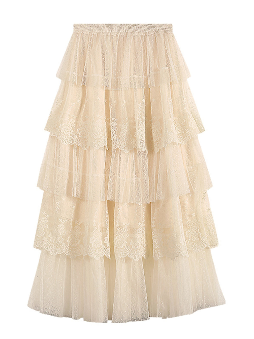 The French Fairy Cake Skirt | Tiered Ruffle Embroidered Lace Mesh | High-Waist A-Line Mid-Length Skirt | Parisian Princess