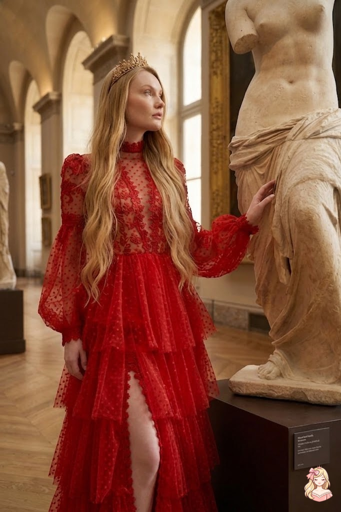 Woman in a red dress standing next to a classical statue in an art gallery.