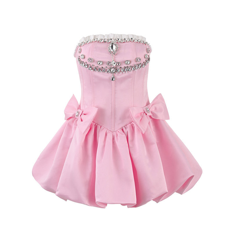 Pink Parisian:  Wooden Ear Chest-wrapped Dress Rhinestone Bud Princess Dress Graceful Formal Dress