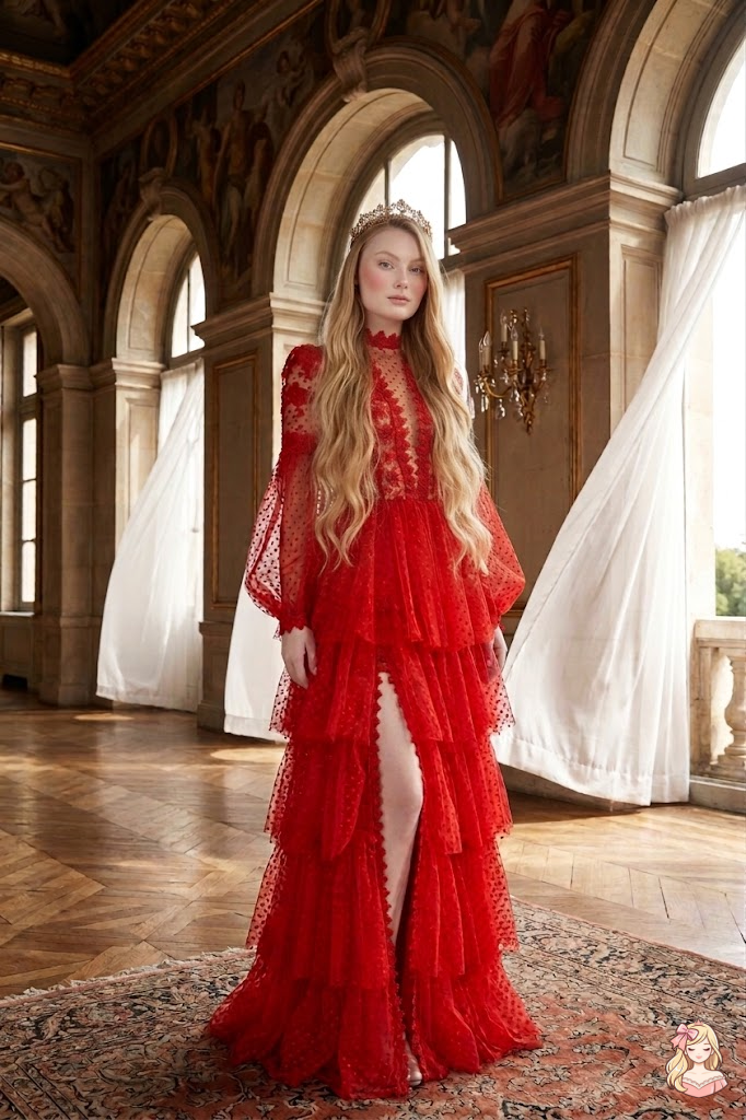 Woman in a red dress standing in an elegant room with arched windows.