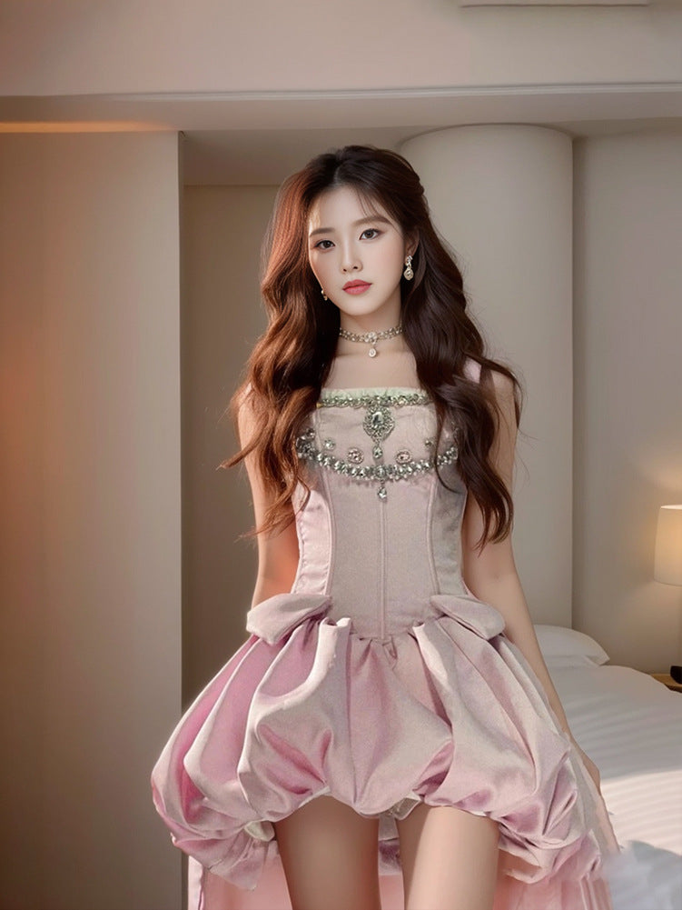 Pink Parisian:  Wooden Ear Chest-wrapped Dress Rhinestone Bud Princess Dress Graceful Formal Dress