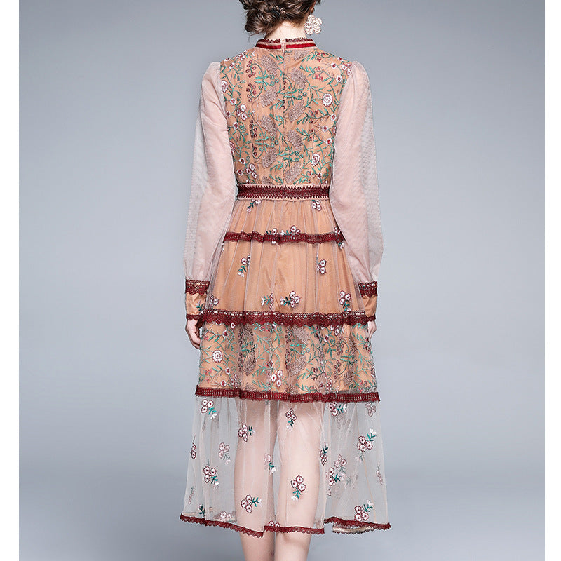 The Palais Embroidery Gown | Women's Mesh Heavy Industry Embroidery Slim Dress | Lady Temperament Floral Midi | Parisian Princess