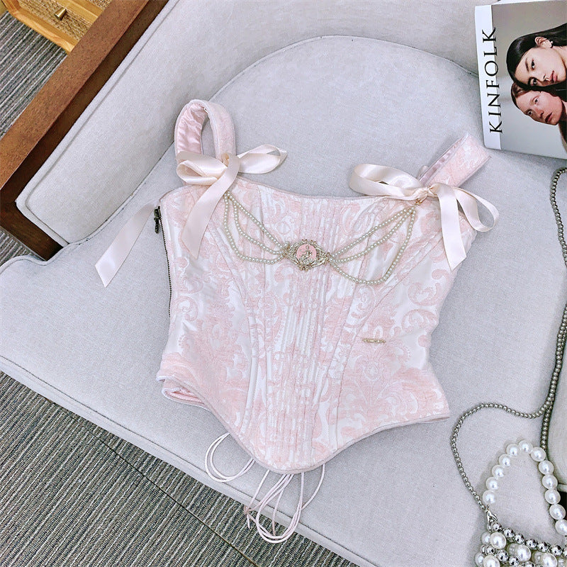 French Royal Style Jacquard Fishbone Corset Ruffled Satin Skirt Suit