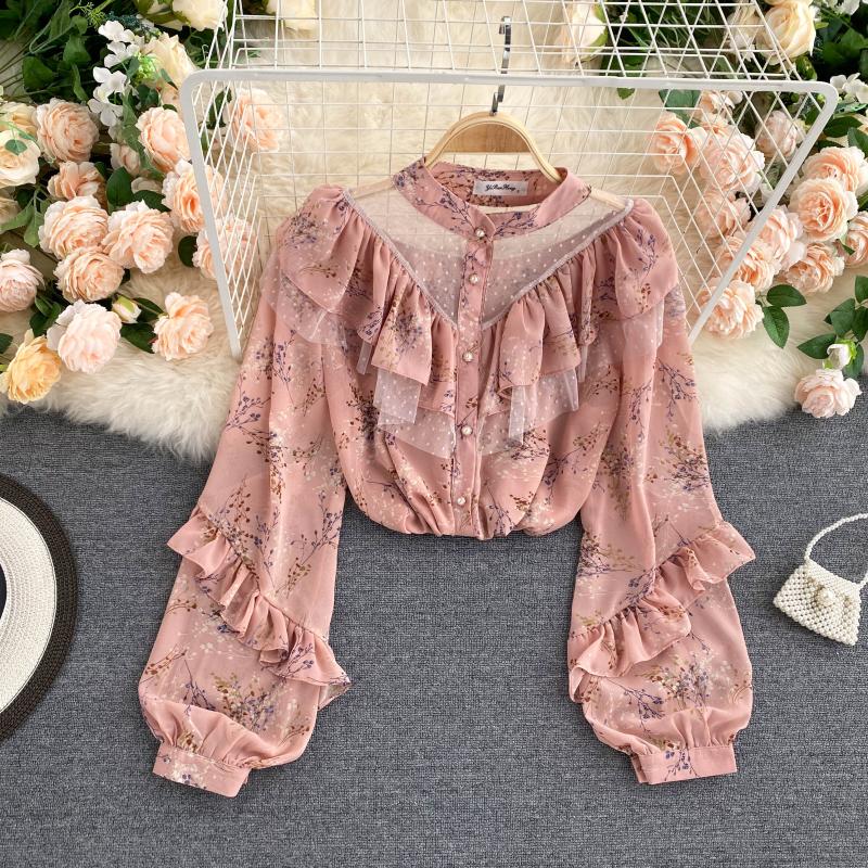 The Petite Palais Gauze Mesh Top | French Stand-Up Collar Puff Sleeve Blouse | Lotus Leaf Stitching Slim Fit Top | Parisian Princess