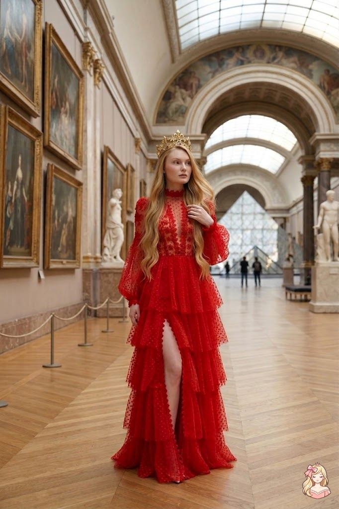 Woman in a red dress standing in an art gallery with paintings and sculptures around her.