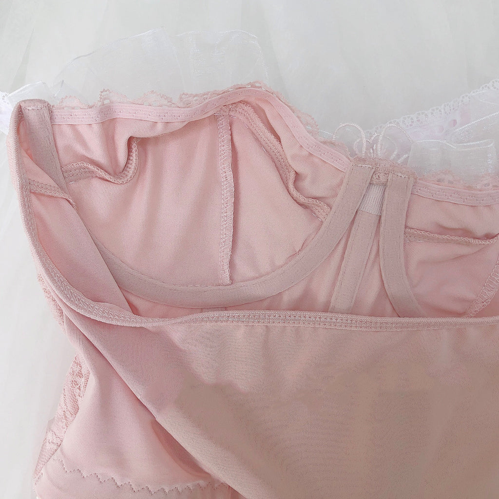 The French Lace Coquette Corset | Pink Bow Mesh Bustier | Sweetheart Ruffle Doll Top & Choker Set | Parisian Princess