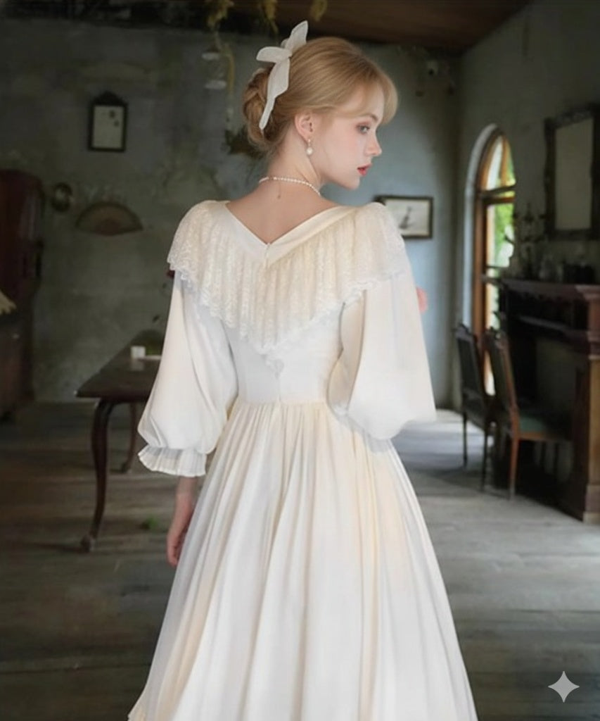 Parisian Satin Lace Dress Lantern Sleeve Long Maxi Ladies S-XL Vintage High Waist 2025 New V Neck White