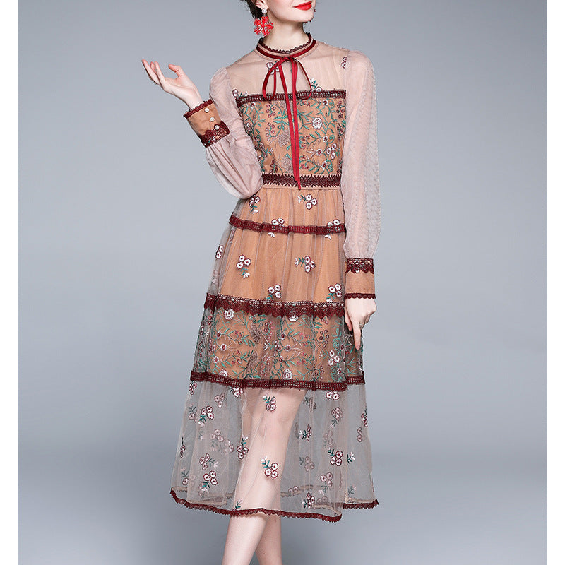 The Palais Embroidery Gown | Women's Mesh Heavy Industry Embroidery Slim Dress | Lady Temperament Floral Midi | Parisian Princess