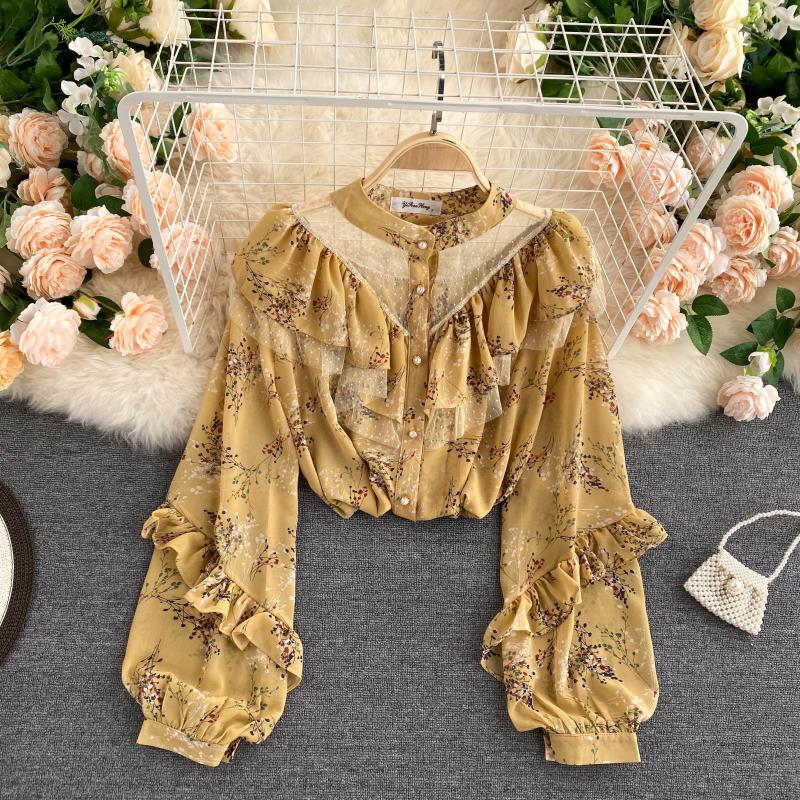 The Petite Palais Gauze Mesh Top | French Stand-Up Collar Puff Sleeve Blouse | Lotus Leaf Stitching Slim Fit Top | Parisian Princess