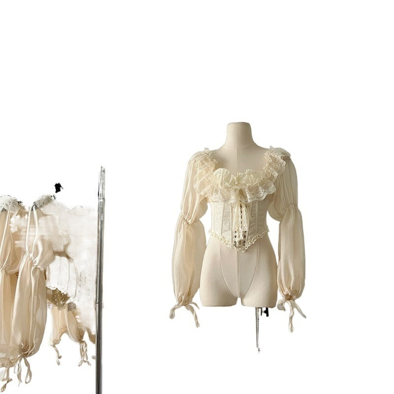 The French Court Waist Seal Blouse | Retro Ruffled Long-Sleeve Top | Parisian Fairy Collection Urban Blouse | Parisian Princess