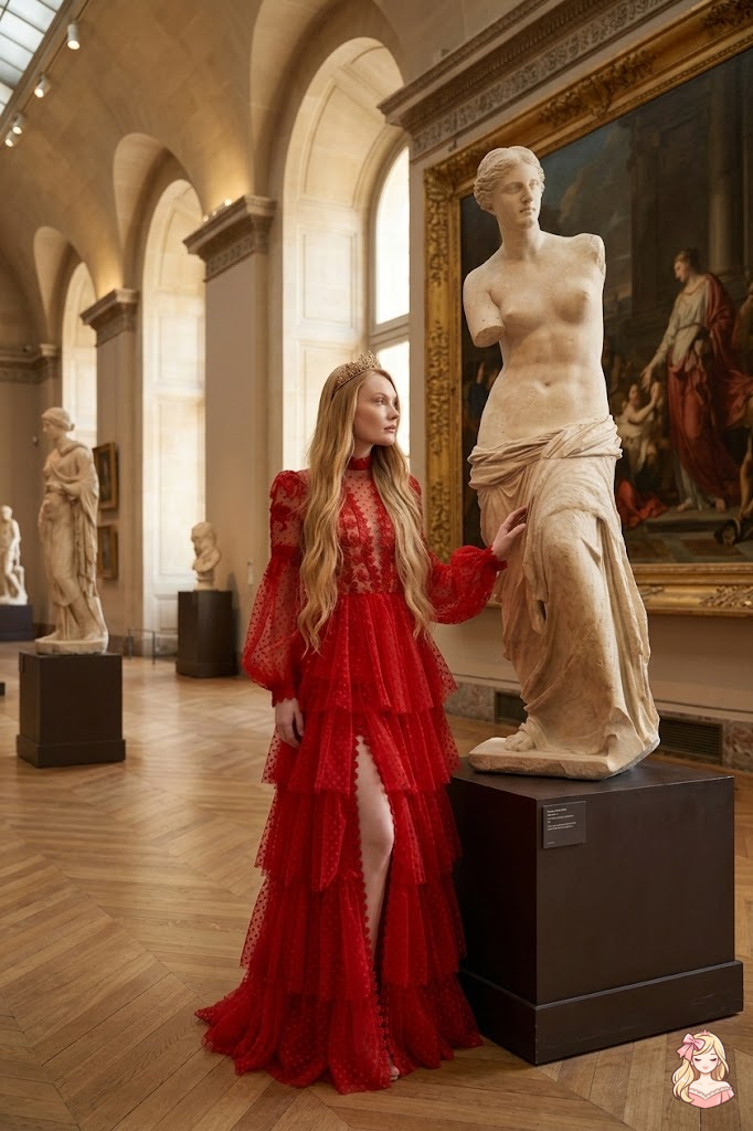 Woman in a red dress standing in a museum with classical statues and paintings.