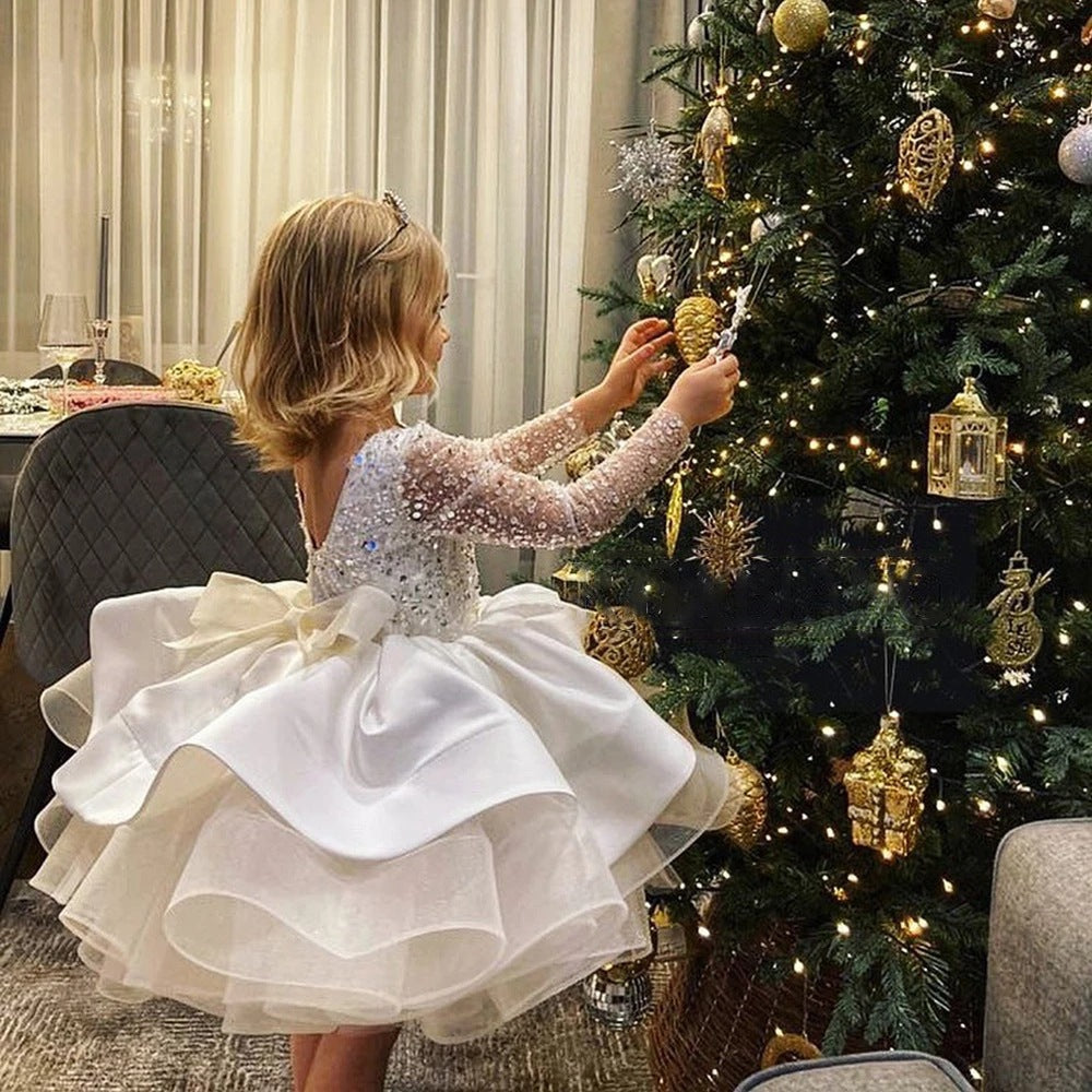 Girls Sequin Lace Long Sleeve Princess Dress