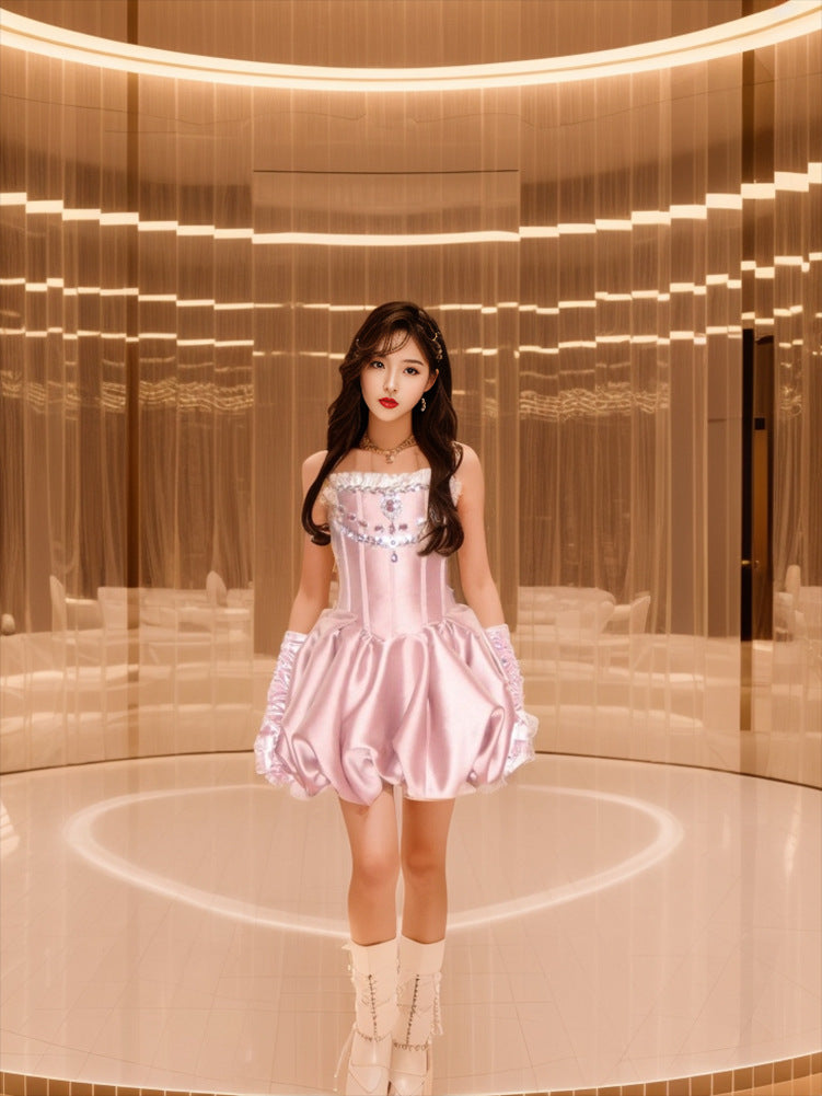 Pink Parisian:  Wooden Ear Chest-wrapped Dress Rhinestone Bud Princess Dress Graceful Formal Dress