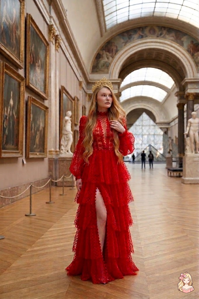 Woman in a red dress standing in an art gallery with paintings and sculptures.