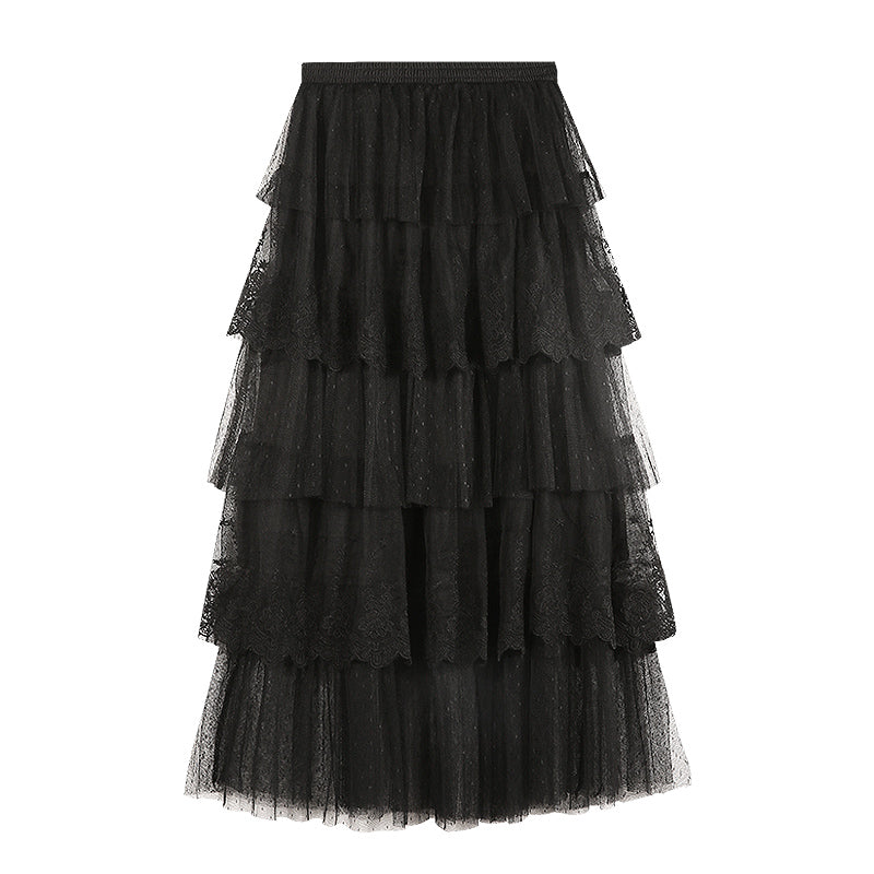 The French Fairy Cake Skirt | Tiered Ruffle Embroidered Lace Mesh | High-Waist A-Line Mid-Length Skirt | Parisian Princess