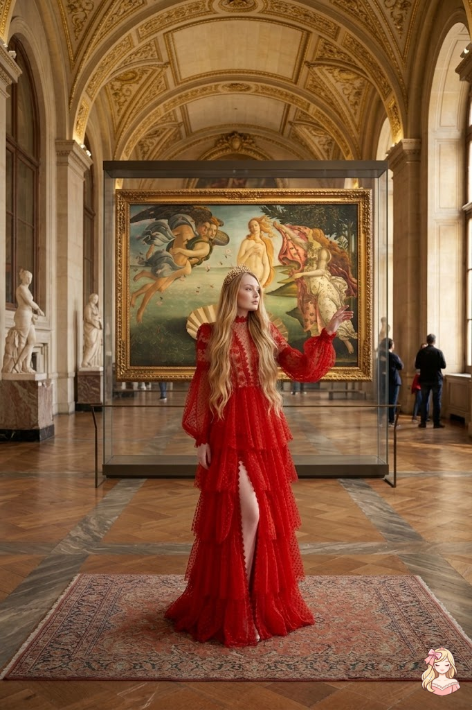 Woman in a red dress standing in an ornate hall with classical art and sculptures.