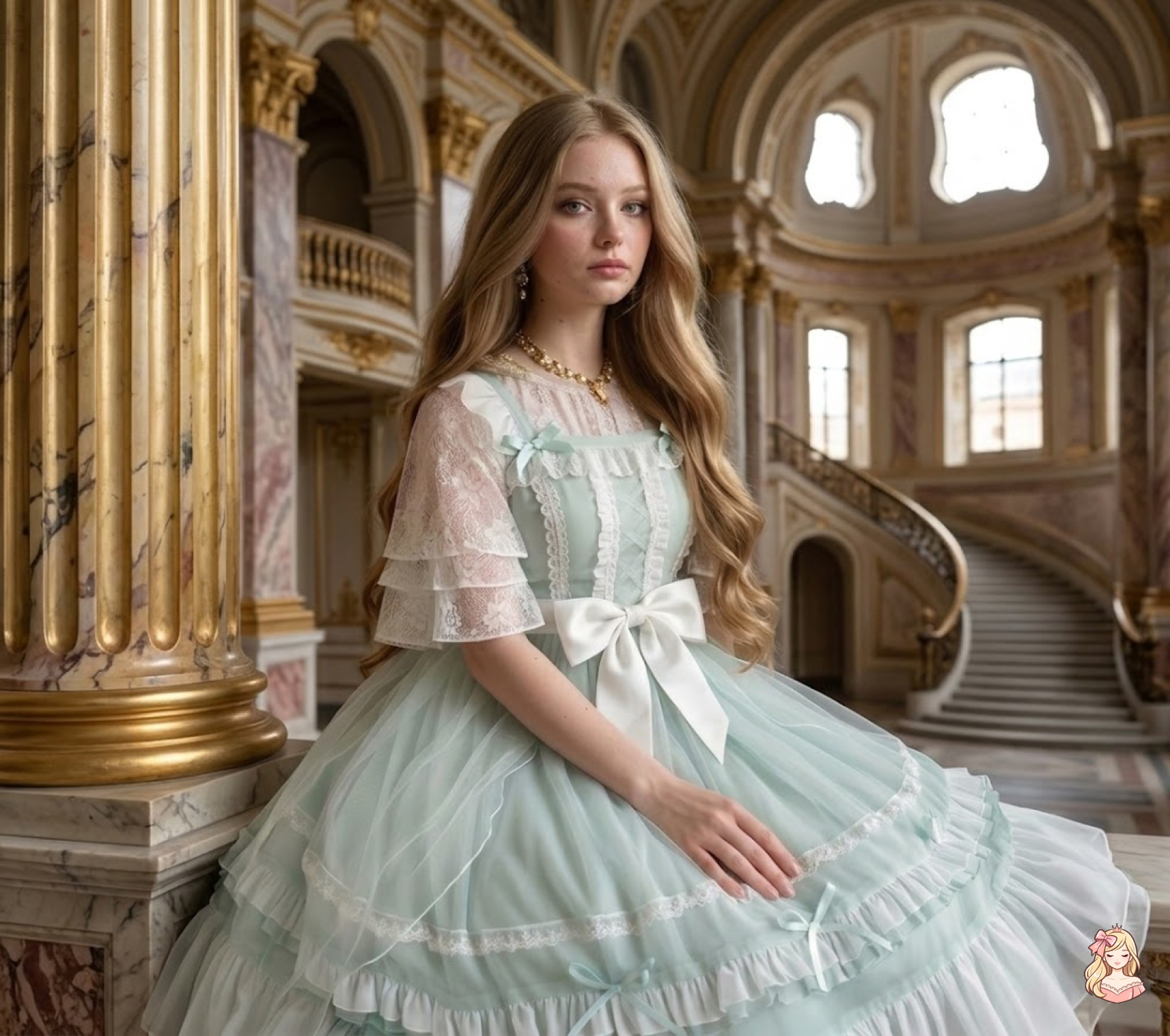 Woman in a light blue dress with white details in an elegant interior setting