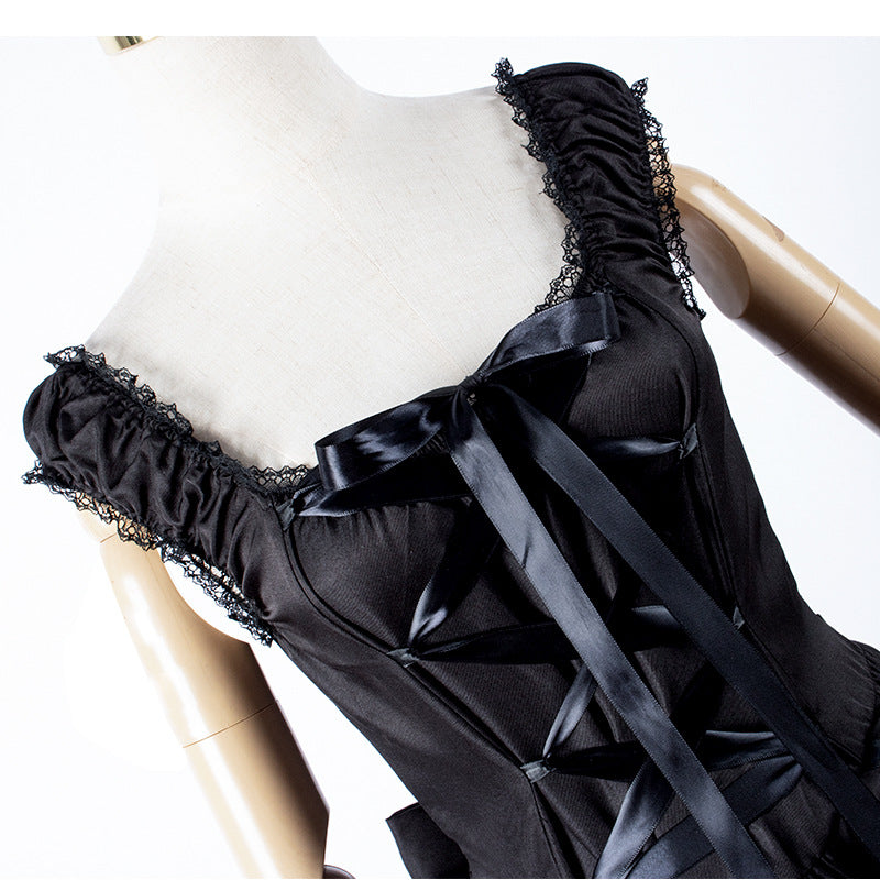 The Montmartre Noir Gown | Parisian Nocturne Rope High Waist Dress | Slim Fit Gothic Palace Vestido | Parisian Princess