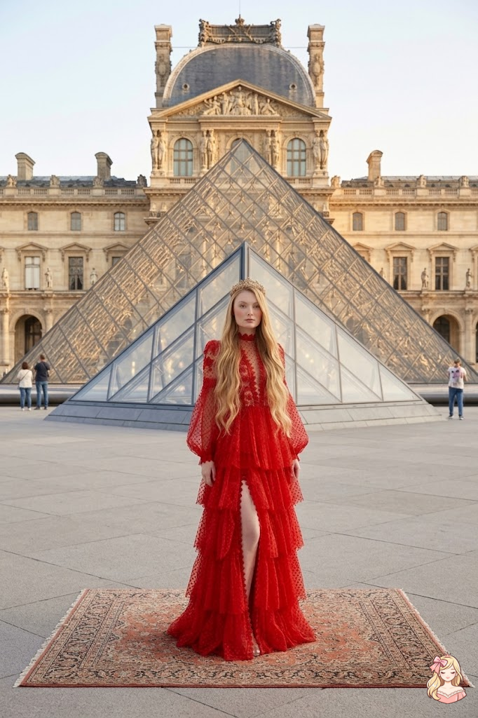 Woman in a red dress standing in front of the Louvre Pyramid in Paris