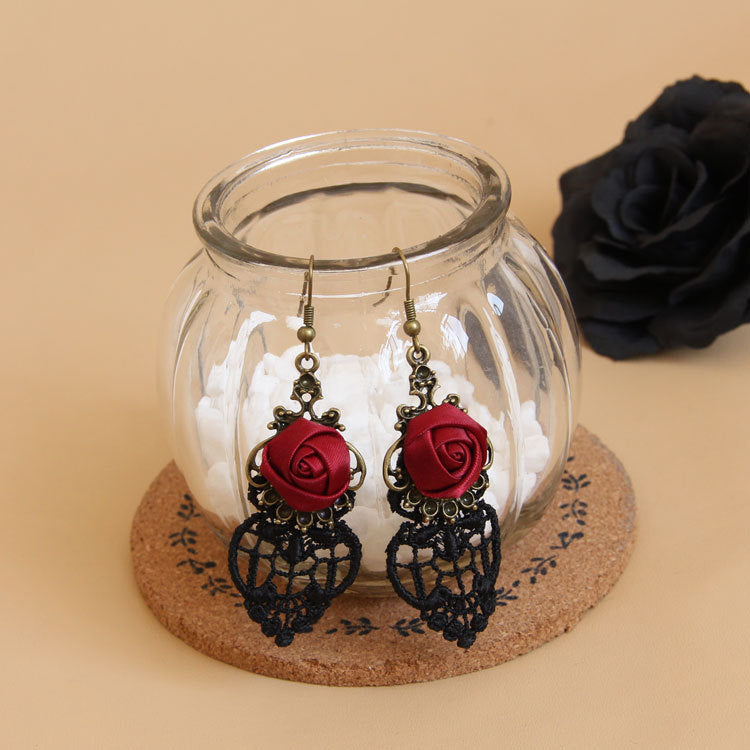 Court Hollow Lace Red Rose Earrings