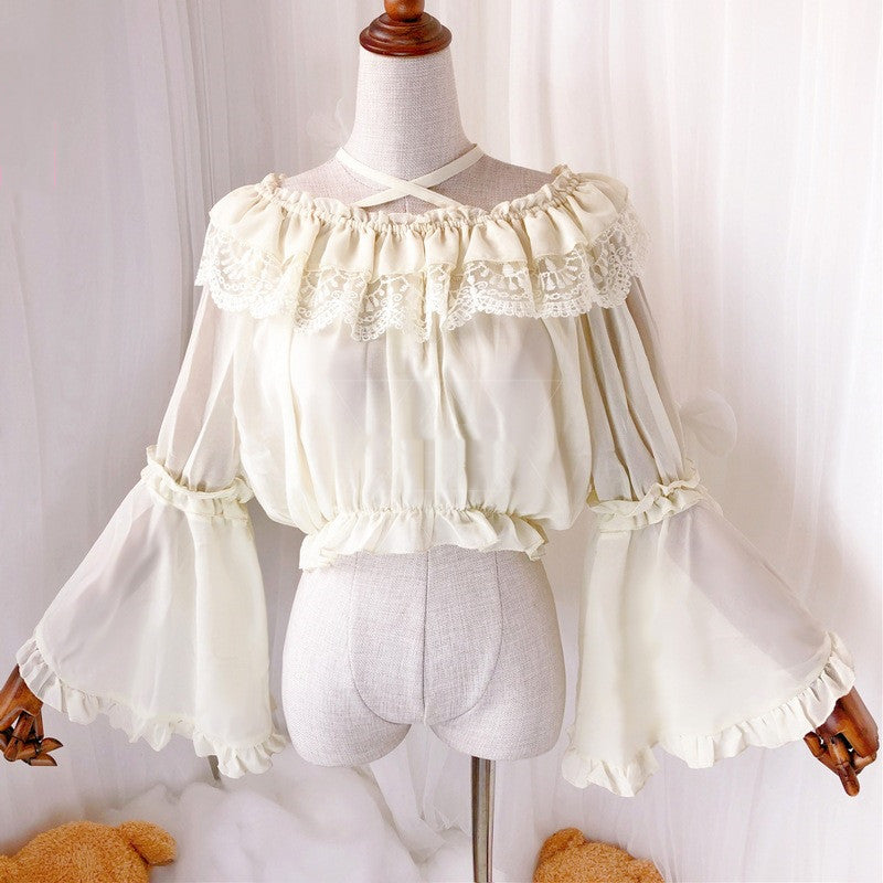 Chiffon Lace Blouse, Short Long-sleeved Lolita Shirt, Lolita Daily Dress With A Soft Girl Bottoming Tube Top