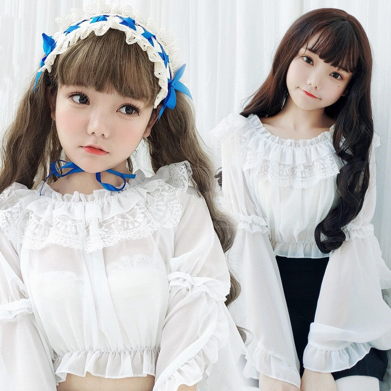 Chiffon Lace Blouse, Short Long-sleeved Lolita Shirt, Lolita Daily Dress With A Soft Girl Bottoming Tube Top