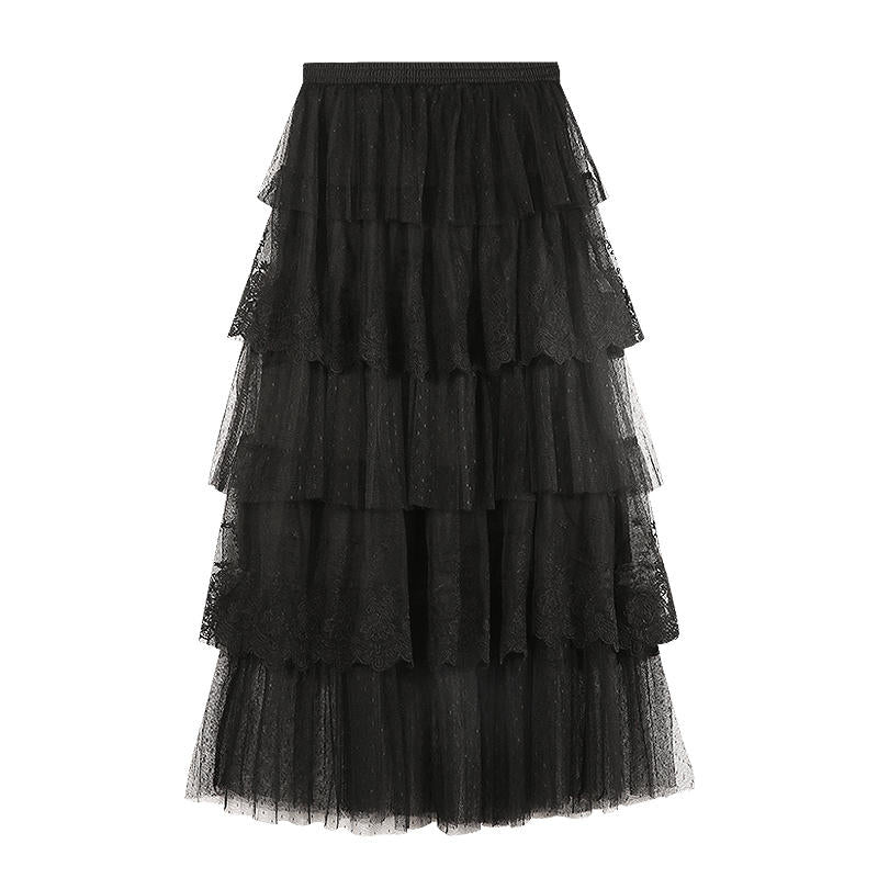 The French Fairy Cake Skirt | Tiered Ruffle Embroidered Lace Mesh | High-Waist A-Line Mid-Length Skirt | Parisian Princess