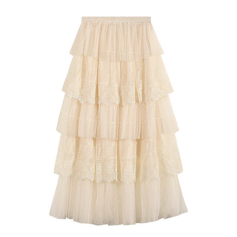 The French Fairy Cake Skirt | Tiered Ruffle Embroidered Lace Mesh | High-Waist A-Line Mid-Length Skirt | Parisian Princess