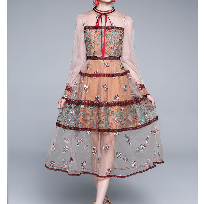 The Palais Embroidery Gown | Women's Mesh Heavy Industry Embroidery Slim Dress | Lady Temperament Floral Midi | Parisian Princess