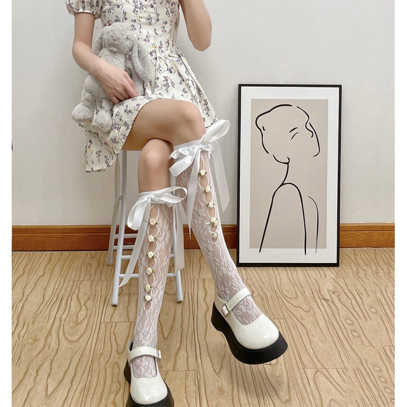 Sweet Girl's Milky White Hollow Lace Satin Ribbon Thigh High Socks