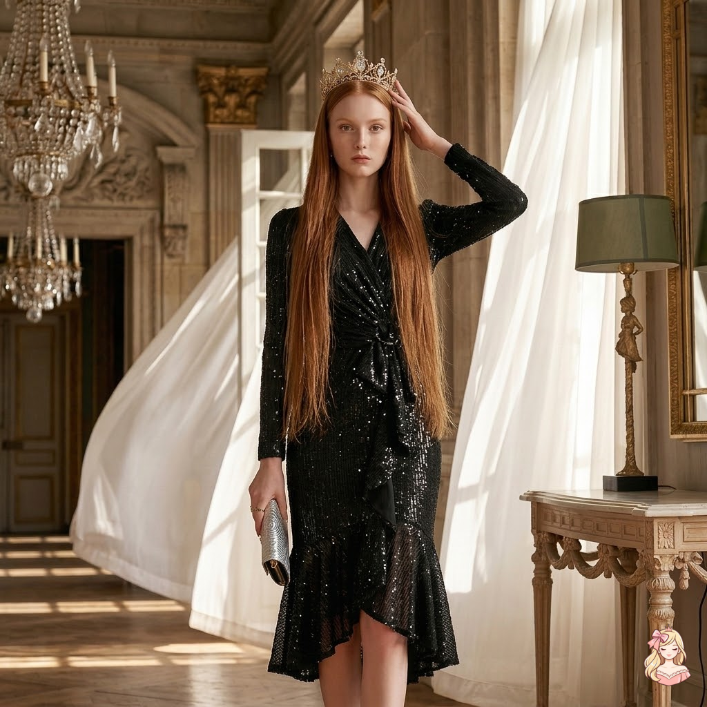 Woman in a black sequined dress with a crown in an opulent room.
