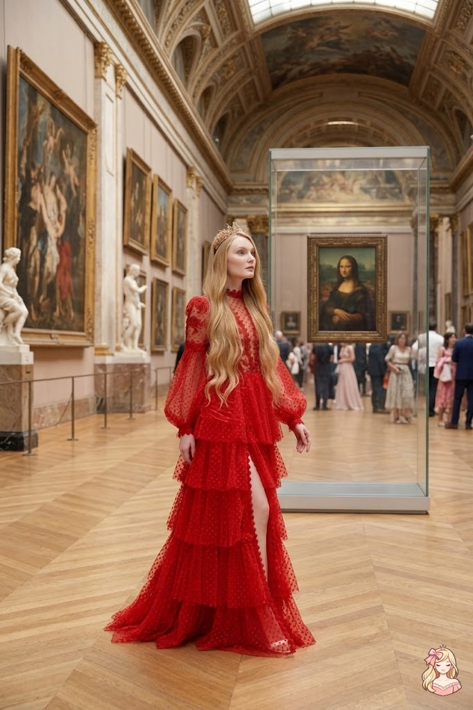 Woman in a red dress standing in a museum with artwork and visitors in the background