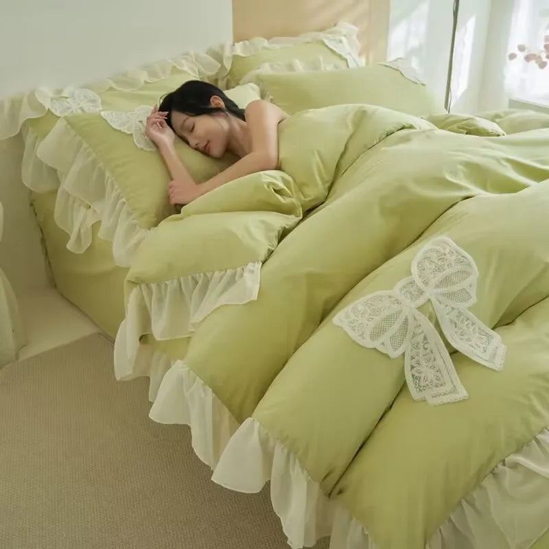 French Princess Style Bedding Sets Ruffle Lace Bow Quilt Cover Romantic Bedclothes Decor Woman Girls Bedroom Duvet Cover 4pcs