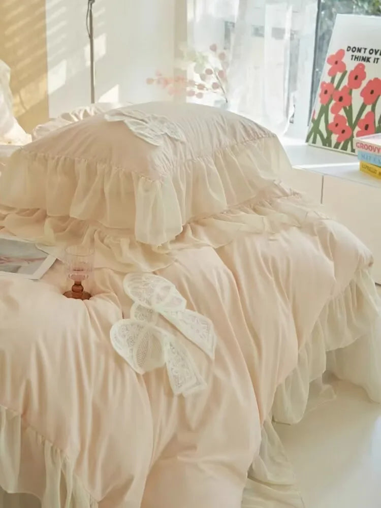 French Princess Style Bedding Sets Ruffle Lace Bow Quilt Cover Romantic Bedclothes Decor Woman Girls Bedroom Duvet Cover 4pcs