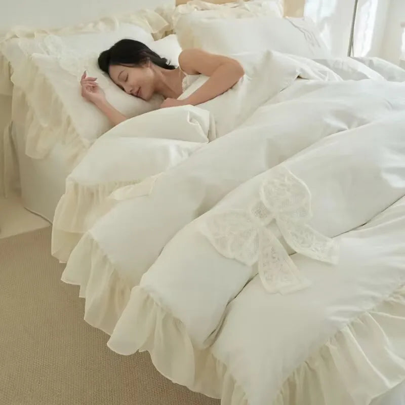 French Princess Style Bedding Sets Ruffle Lace Bow Quilt Cover Romantic Bedclothes Decor Woman Girls Bedroom Duvet Cover 4pcs