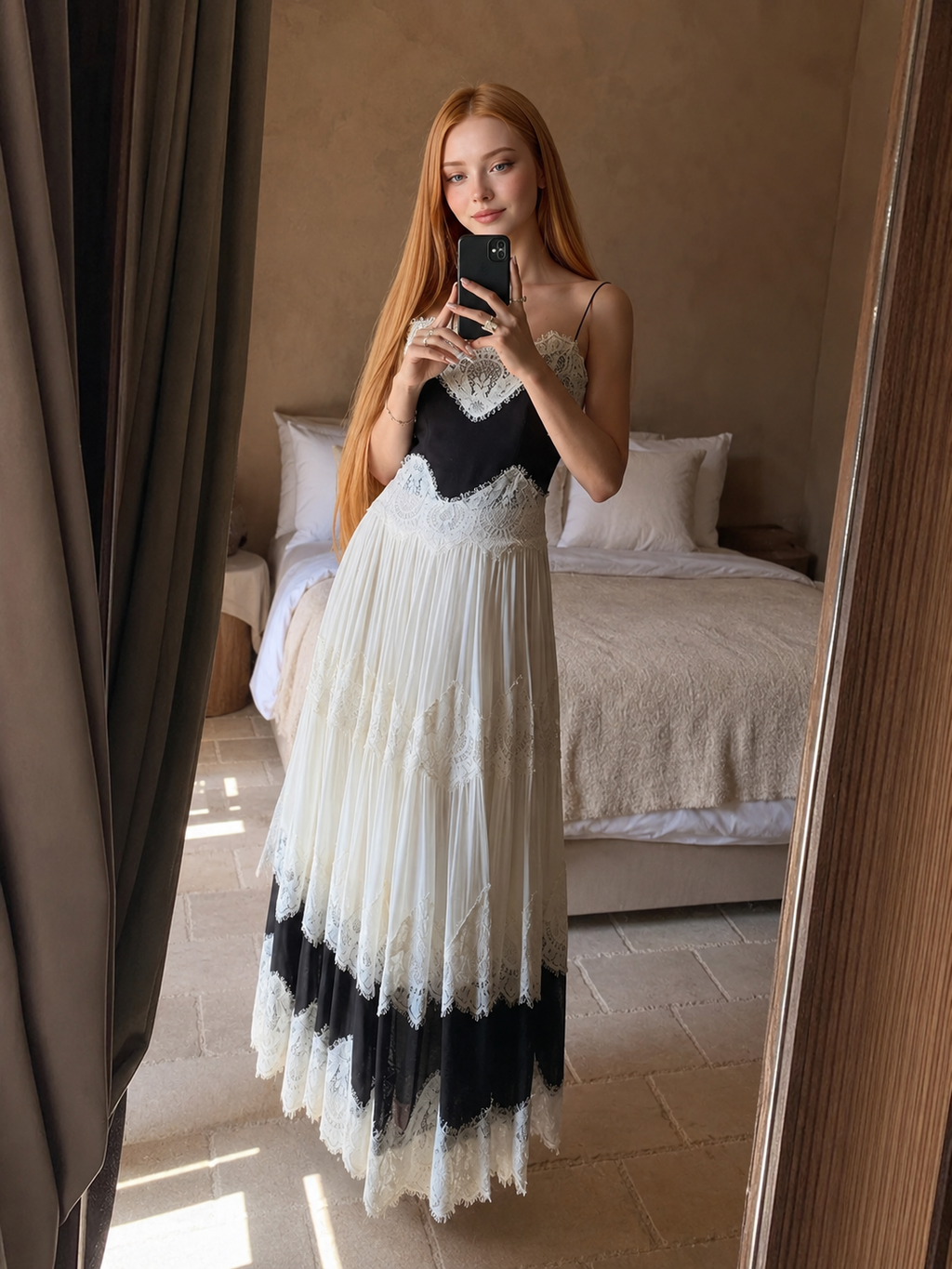 Woman taking a mirror selfie wearing a black and white dress in a bedroom.