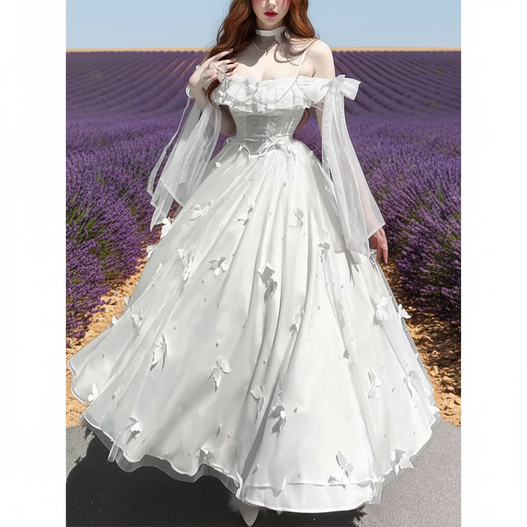 Off-shoulder Slimming Dress for Women Elegant and Sweet Lolita Bow White High Waist Princess Long Dresses White Dress