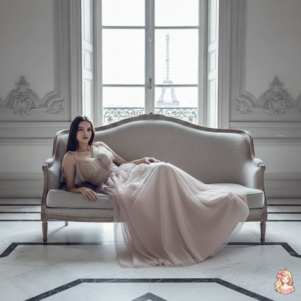 The French Sequined Crown Gown | V-Neck Crepe Ball Gown | Luxury Summer Wedding Party Dress | Parisian Princess