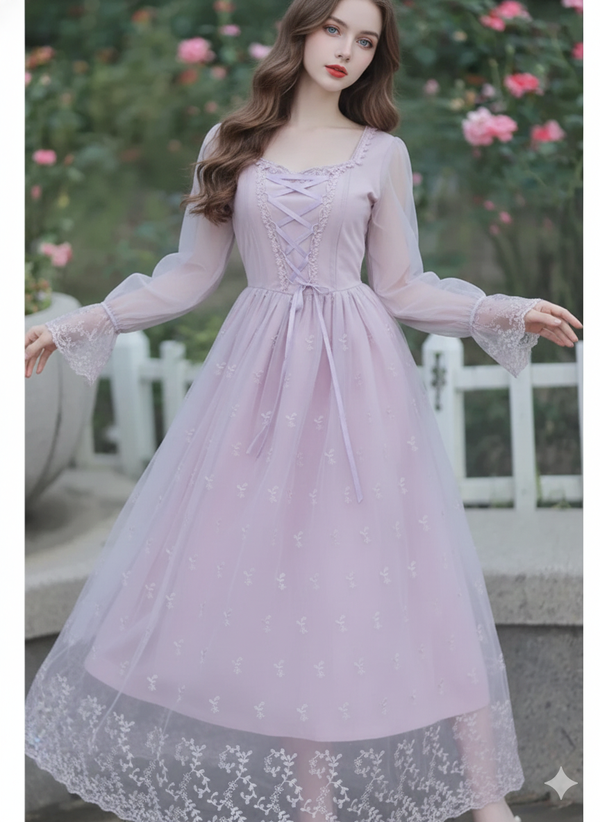 Lovely Lavendar Countryside Dresse Embroidered Lace Square Collar French Romantic Fairy Dresses Flared Sleeve Sweet Vestido midi