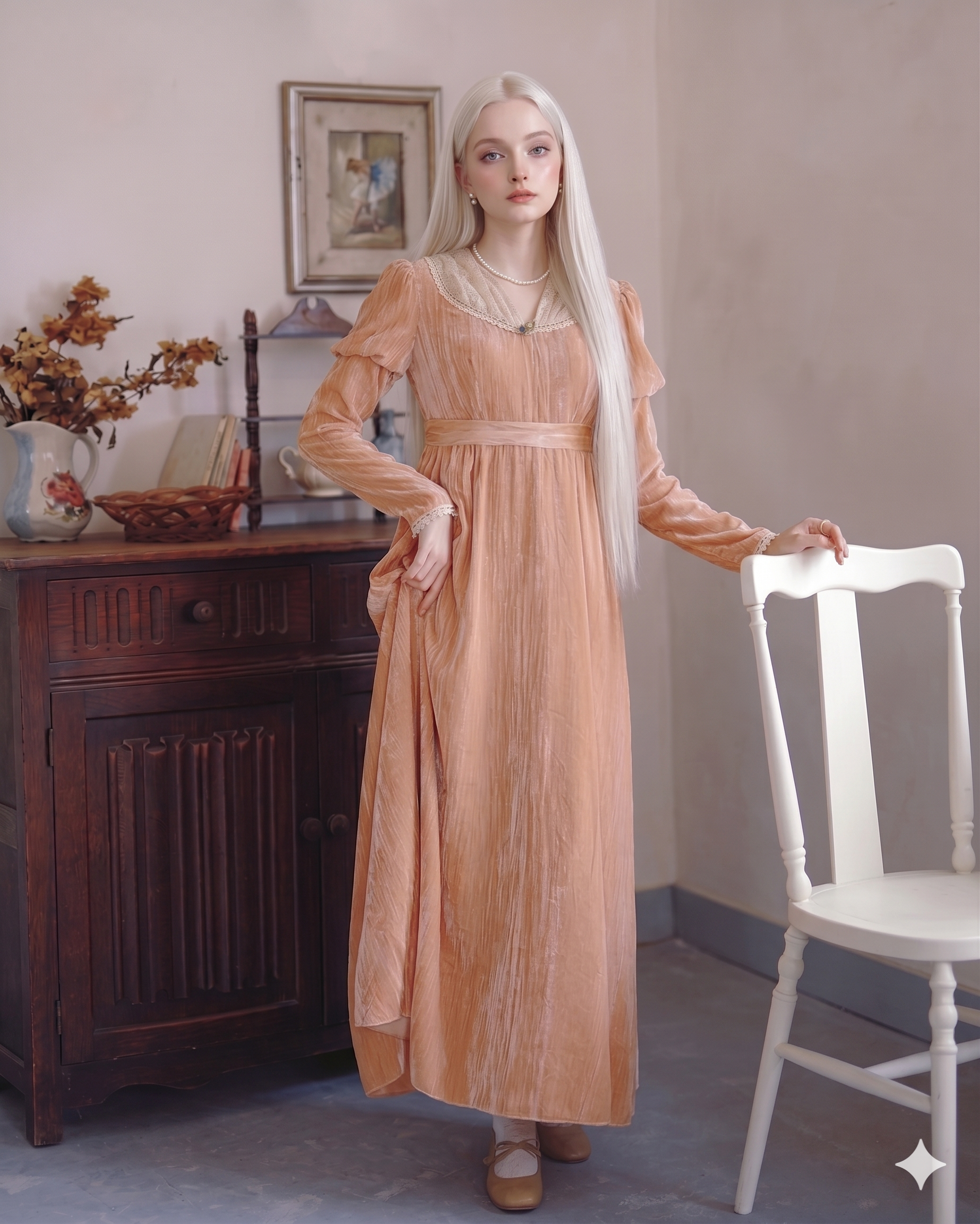 Woman in a peach dress standing in a room with a wooden cabinet and white chair.