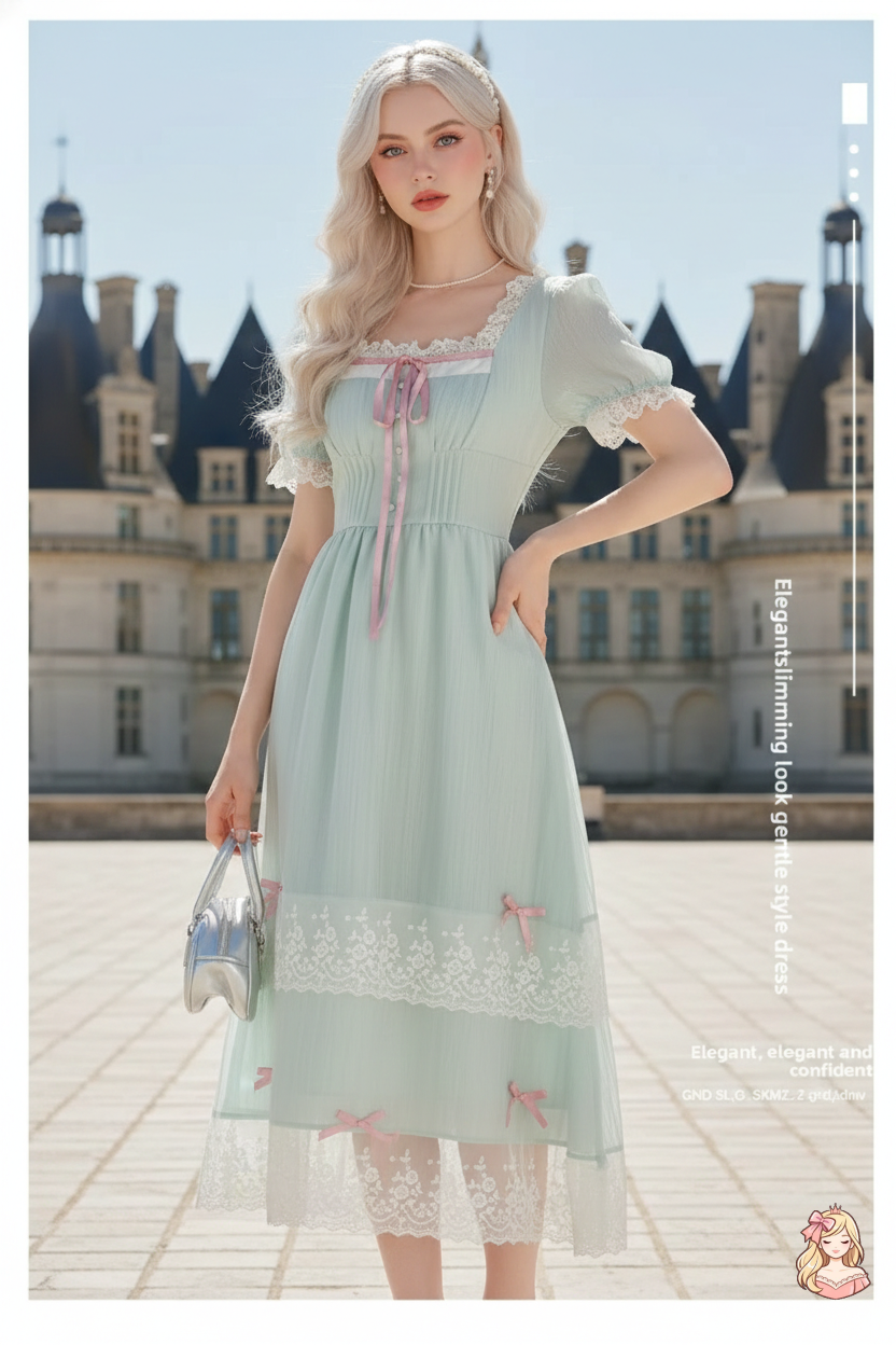 The Chambord Fairy Gown | Green Bow Lace Square Neck Dress | French Mori Girl Summer Dress | Parisian Princess