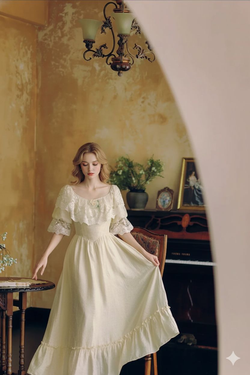 Parisian Court Vintage Oil Painting Style Slim Waist Comfortable Lace Collar Lyocell Dresses