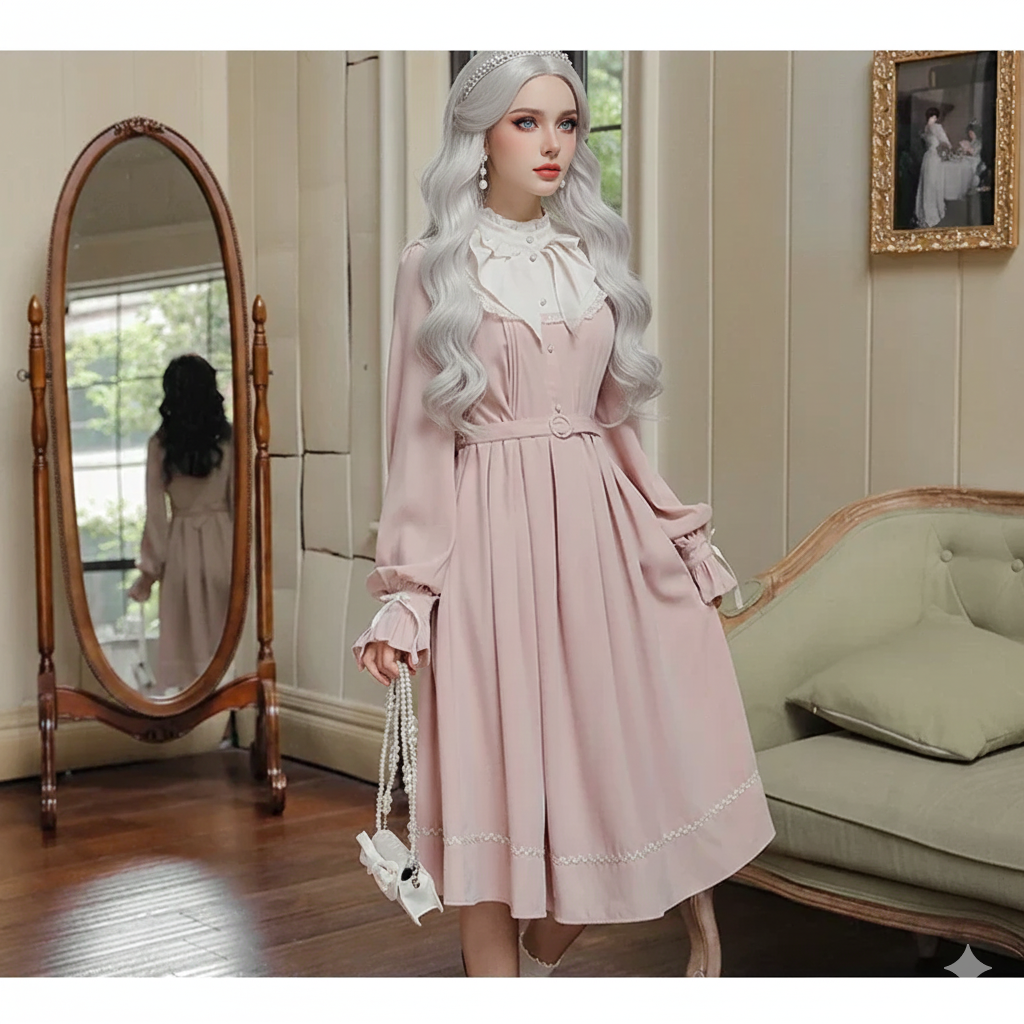 The French Elegant Sweet Lolita Pink Gown | Parisian Bow Lace Ruffle Patchwork Dress | European Party Princess Ankle-Length Dress | Parisian Princess